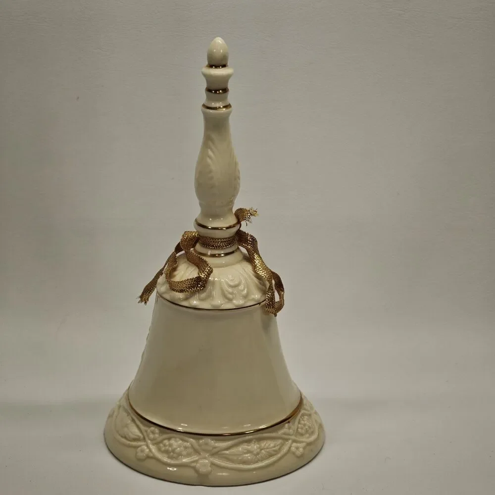 Vintage Ivory Porcelain Christmas Bell Santa Reading Children Gold Trim 7 Inch